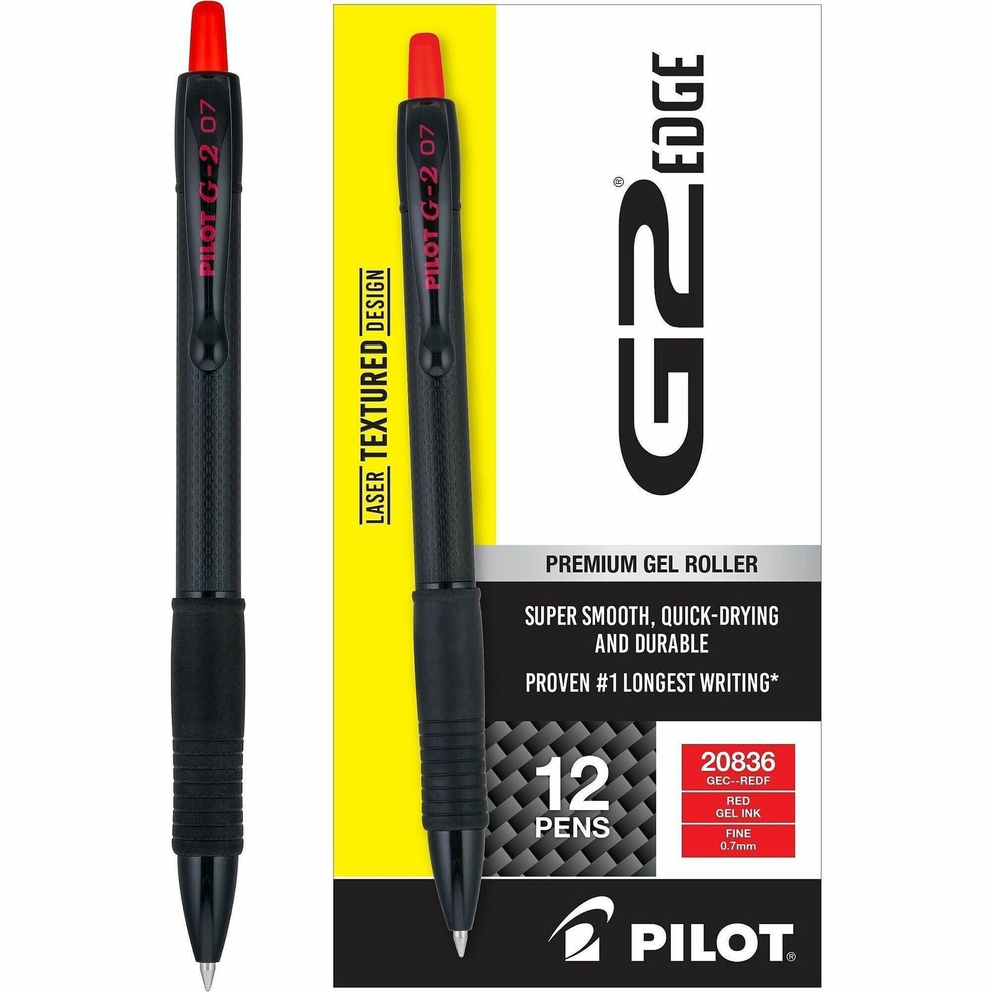 G2 Edge Gel Pen, 0.7 mm Fine, Red Ink, Refillable, Retractable, Black/Red Barrel, Tungsten Carbide Tip, 1 Dozen