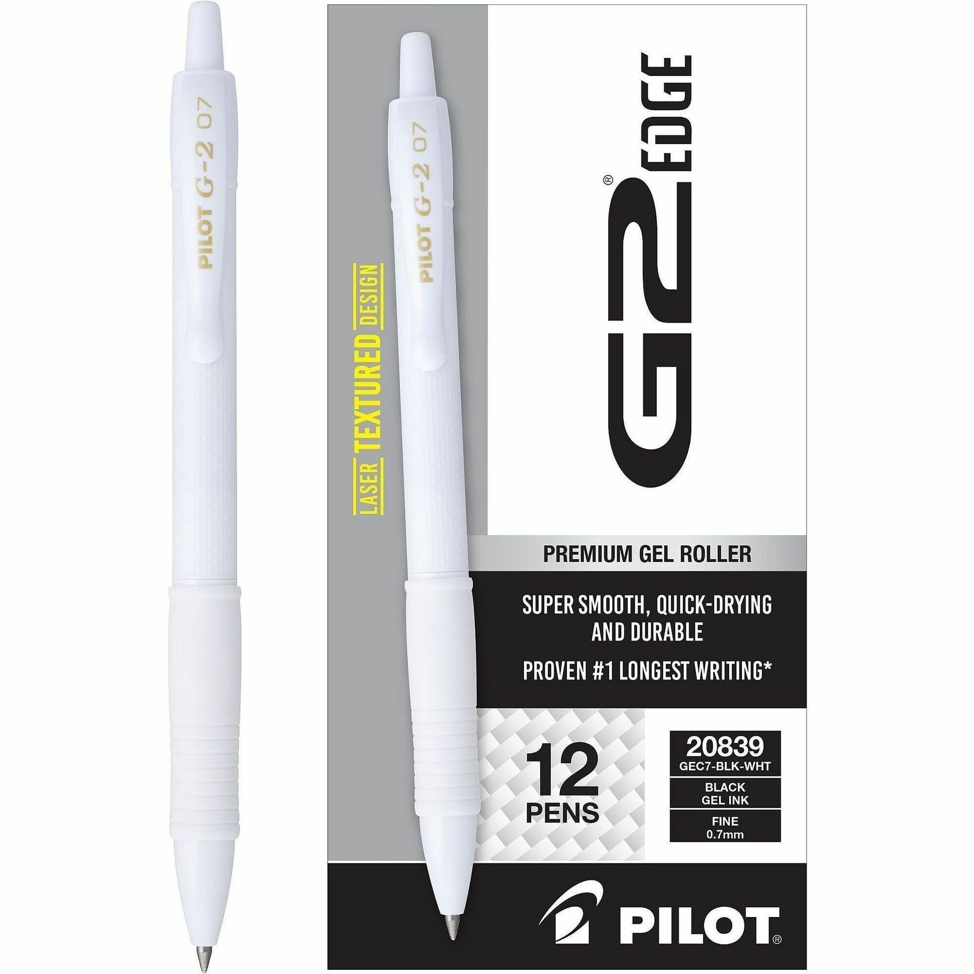 G2 Edge Gel Pen, 0.7 mm Fine Point, Black Ink, Refillable, Retractable, White Barrel, Tungsten Carbide Tip, 1 Dozen