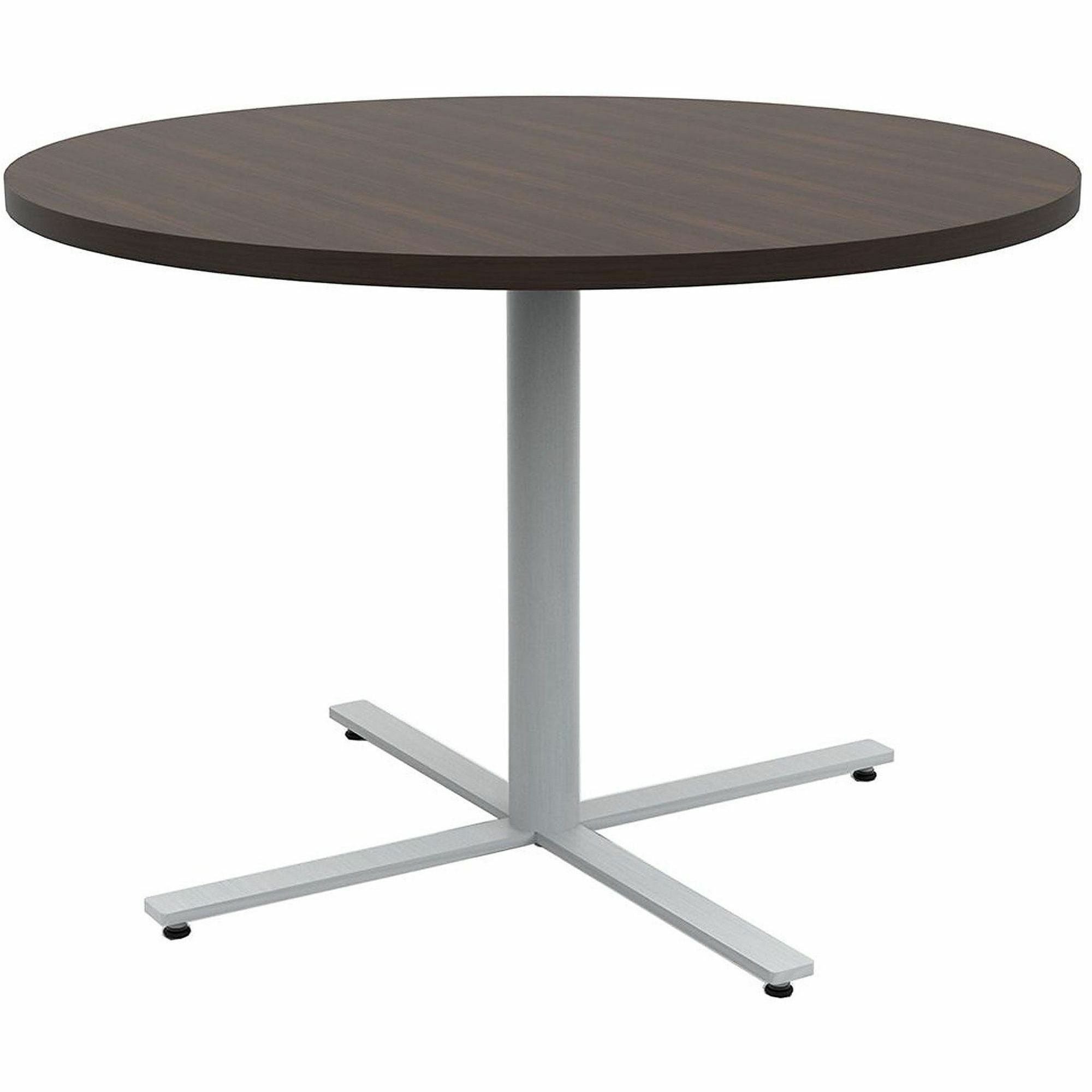 Safco Jurni Cafe Table with Round Top - Round Top - Textured, Powder Coated Base - 42" Table Top Diameter - 29" Height - Cafeteria, Breakroom - Assembly Required - Columbian Walnut - Laminate Top Material - 1 Each