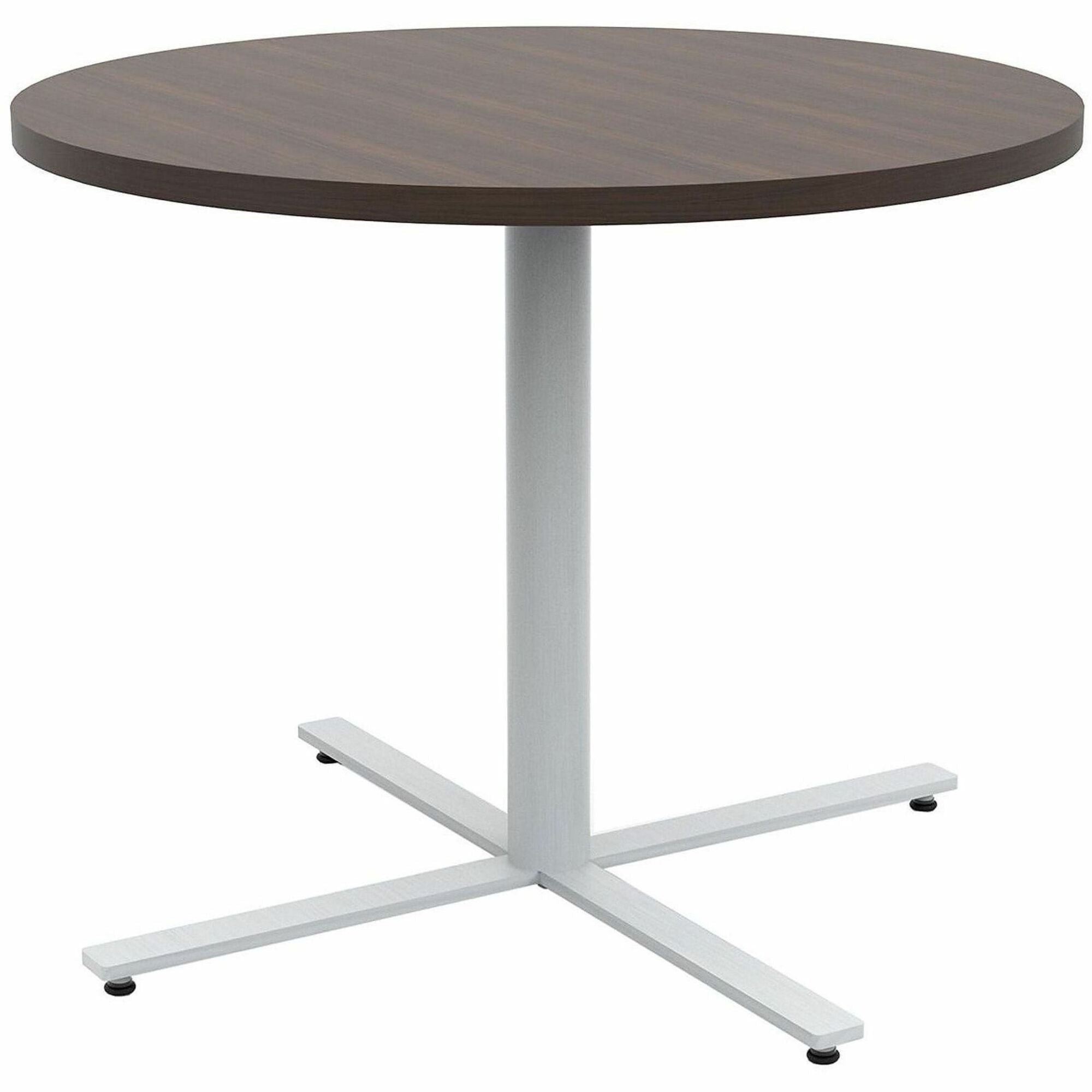 Safco Jurni Cafe Table with Round Top - Round Top - Textured, Powder Coated Base - 36" Table Top Diameter - 29" Height - Cafeteria, Breakroom - Assembly Required - Columbian Walnut - Laminate Top Material - 1 Each