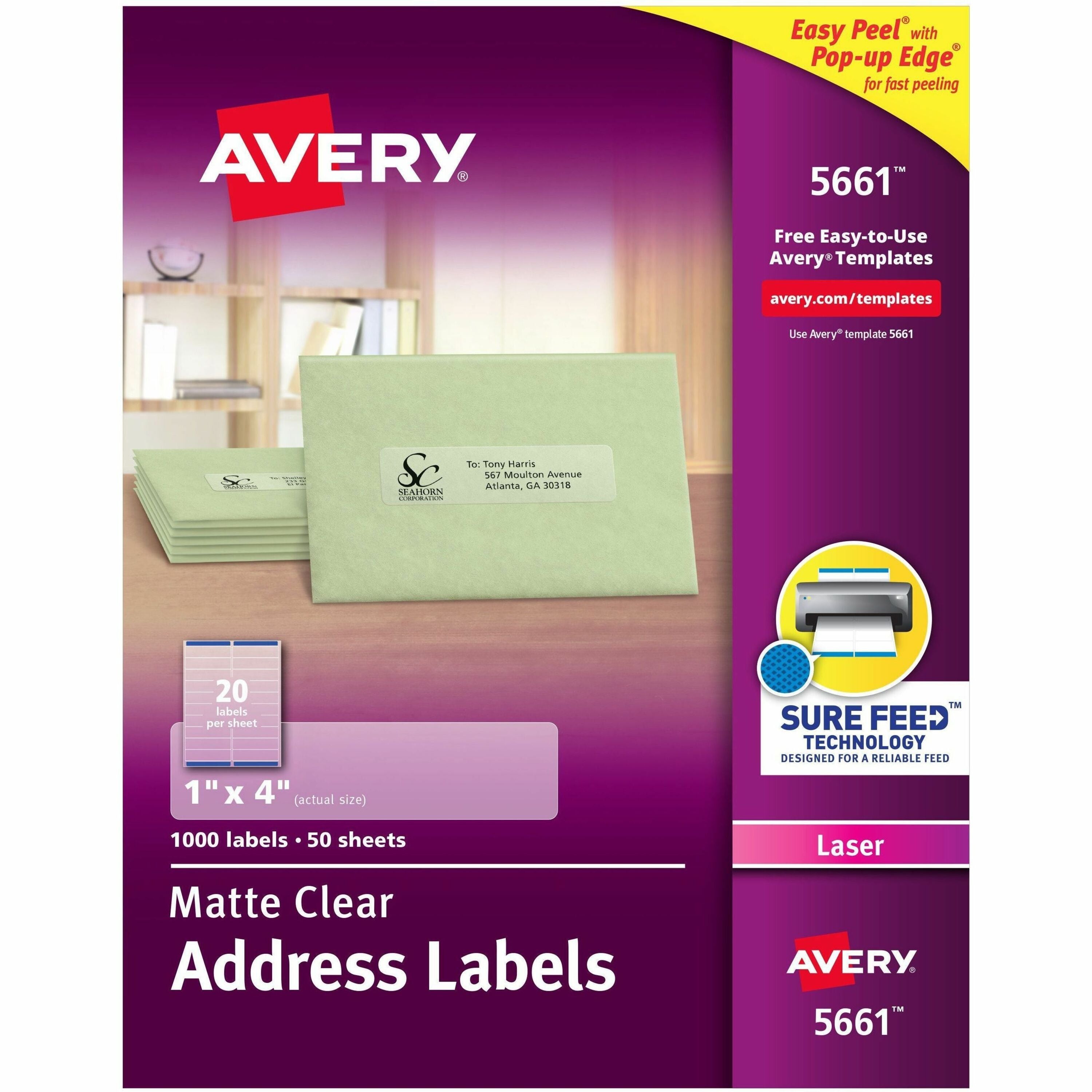 Avery Easy Peel Clear Return Address Labels, 1" x 4", Matte, Permanent Adhesive, Rectangle, Laser Compatible, 20 Labels/Sheet, 50 Sheets, 1000 Labels/Box