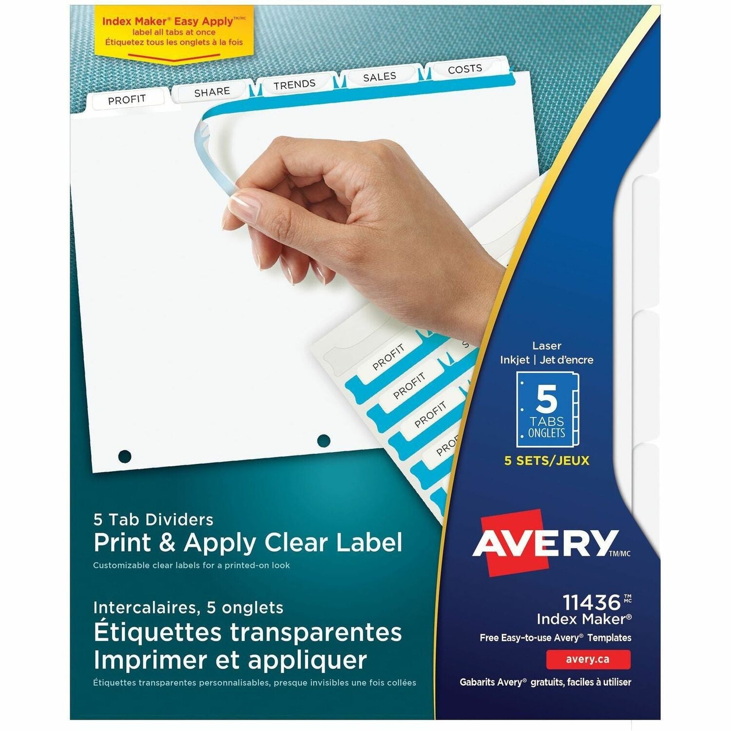 Avery Print & Apply Clear Label Dividers, 25 Dividers, 5 Tabs/Set, Letter Size, 3-Hole Punched, Clear Paper, White Tabs, 20% Recycled, 1 Pack