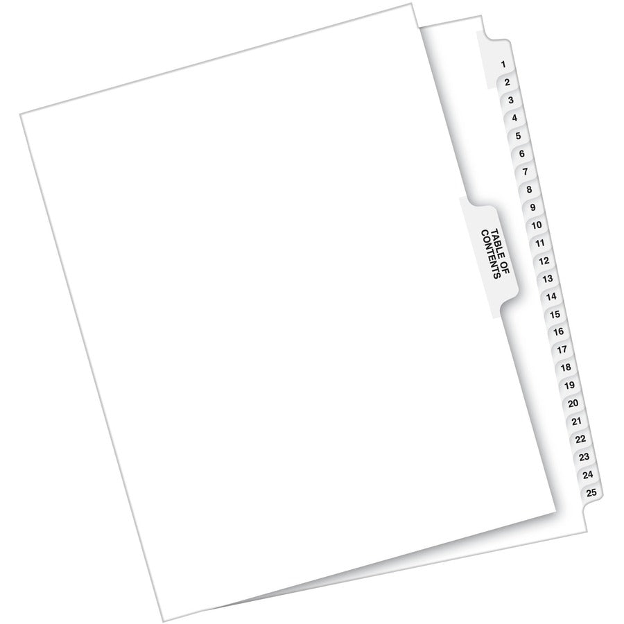 Avery&reg; Index Divider - 1 x Divider(s) - Side Tab(s) - 1-25, Table of Contents - 26 Tab(s)/Set - 8.5" Divider Width x 11" Divider Length - Letter - 8.50" Width x 11" Length - Paper Divider - White Tab(s) - 20% Recycled - 25 / Set