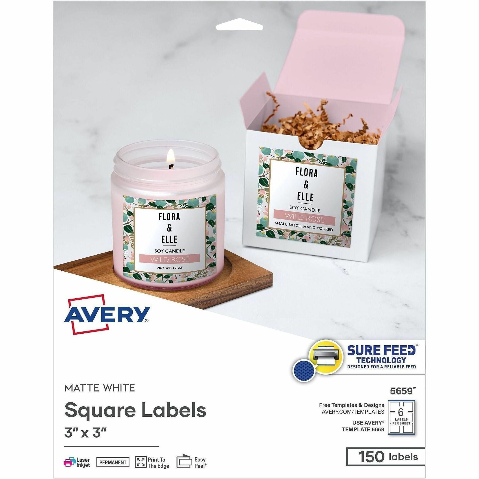 3" Height x 3" Width - Permanent Adhesive - Square - Laser, Inkjet - White Matte - Paper - Adhesive, Jam Resistant, Easy Peel, Pop Up Edge, Smudge-free, Print-to-the Edge - 6 / Sheet - 150 / Pack