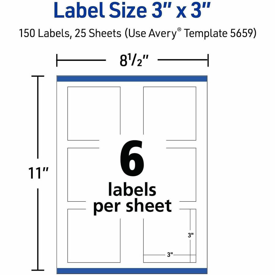 3" Height x 3" Width - Permanent Adhesive - Square - Laser, Inkjet - White Matte - Paper - Adhesive, Jam Resistant, Easy Peel, Pop Up Edge, Smudge-free, Print-to-the Edge - 6 / Sheet - 150 / Pack