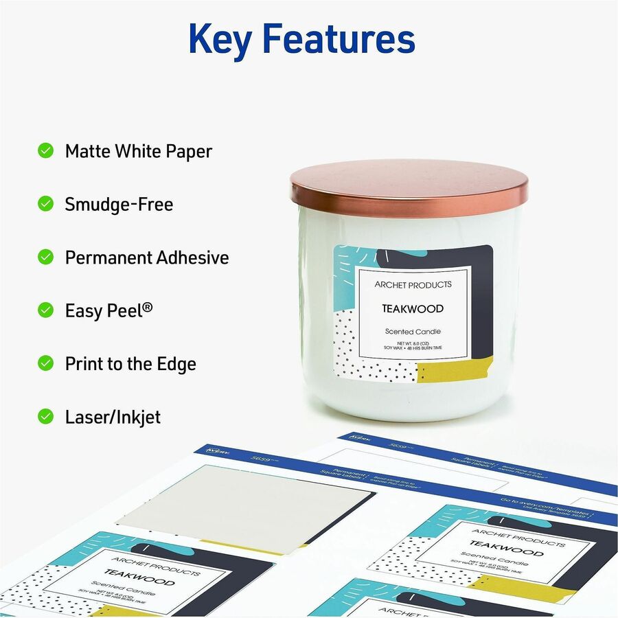 3" Height x 3" Width - Permanent Adhesive - Square - Laser, Inkjet - White Matte - Paper - Adhesive, Jam Resistant, Easy Peel, Pop Up Edge, Smudge-free, Print-to-the Edge - 6 / Sheet - 150 / Pack