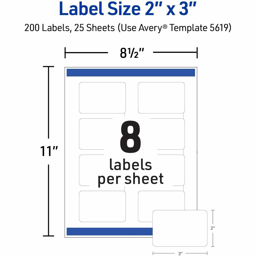 x 3" Width x 2" Length - Rectangle - Inkjet, Laser - Matte - Matte White - Print-to-the Edge, Jam Resistant, Smudge Resistant, Easy Peel - 8 / Sheet - For Label Printer - 200 / Pack