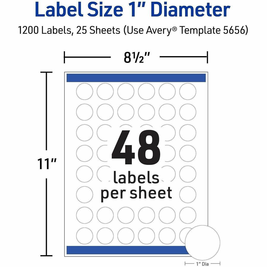 1" Diameter - Round - Laser, Inkjet - White Matte - Print-to-the Edge, Easy Peel, Pop Up Edge, Smudge-free, Jam-free - 48 / Sheet - 1200 / Pack