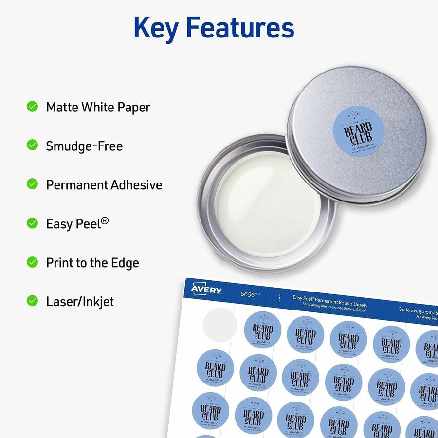 1" Diameter - Round - Laser, Inkjet - White Matte - Print-to-the Edge, Easy Peel, Pop Up Edge, Smudge-free, Jam-free - 48 / Sheet - 1200 / Pack
