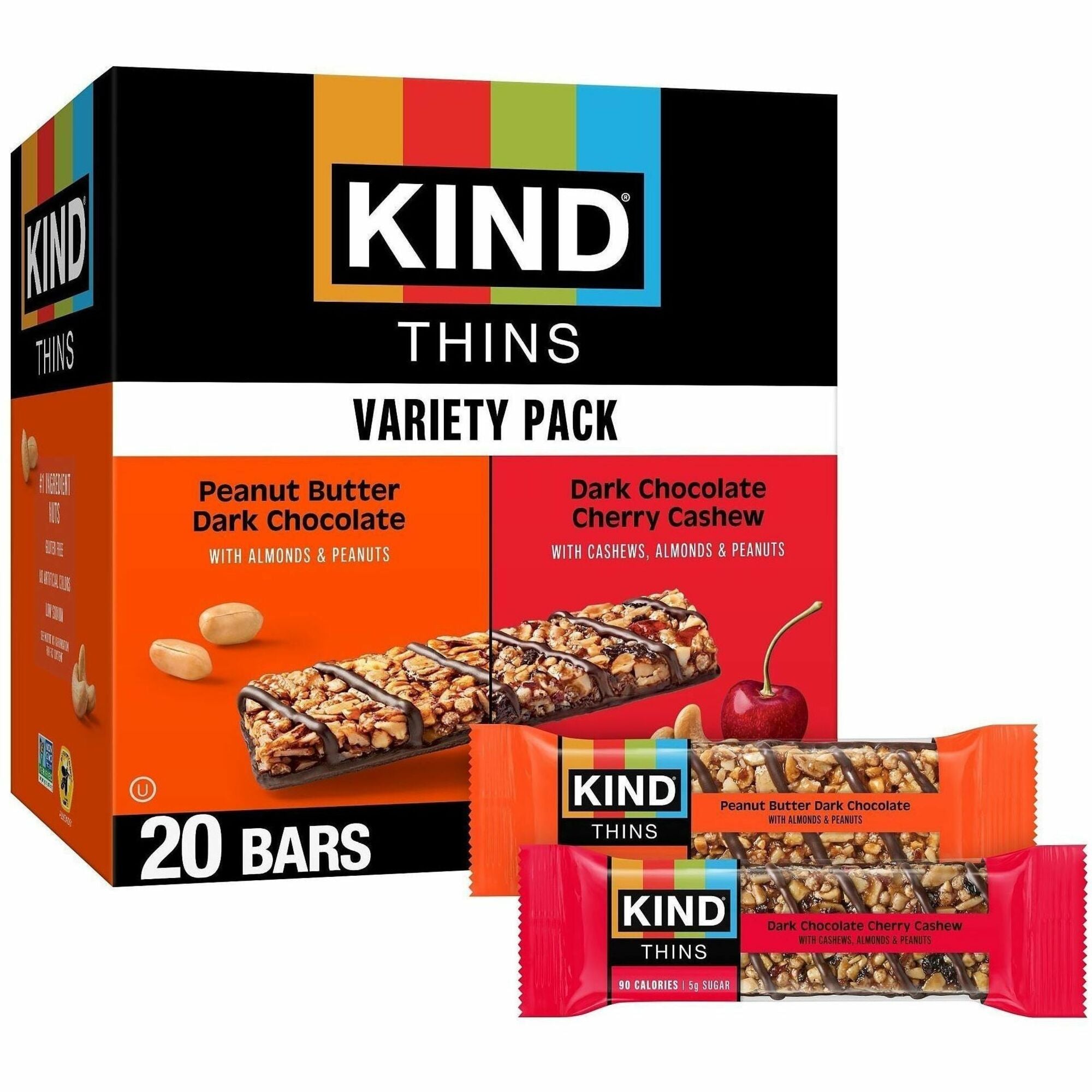 KIND THINS Variety Packs - Dark Chocolate Cherry Cashew, Peanut Butter Dark Chocolate - Low Calorie, Gluten-free, Egg-free, Dairy-free, Individually Wrapped - 0.74 oz - 20 / Box