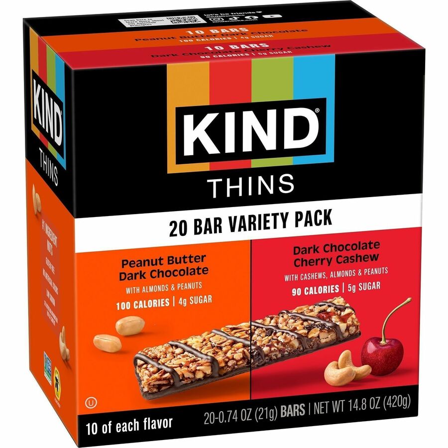 KIND THINS Variety Packs - Dark Chocolate Cherry Cashew, Peanut Butter Dark Chocolate - Low Calorie, Gluten-free, Egg-free, Dairy-free, Individually Wrapped - 0.74 oz - 20 / Box