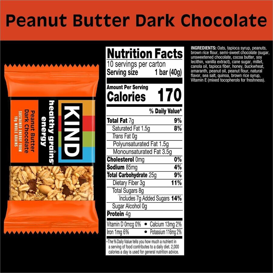 KIND Healthy Grains Energy Bars - Egg-free, Dairy-free, Gluten-free, Wheat-free, Trans Fat Free, Low Sodium - Peanut Butter Dark Chocolate - 1.40 oz - 10 / Box