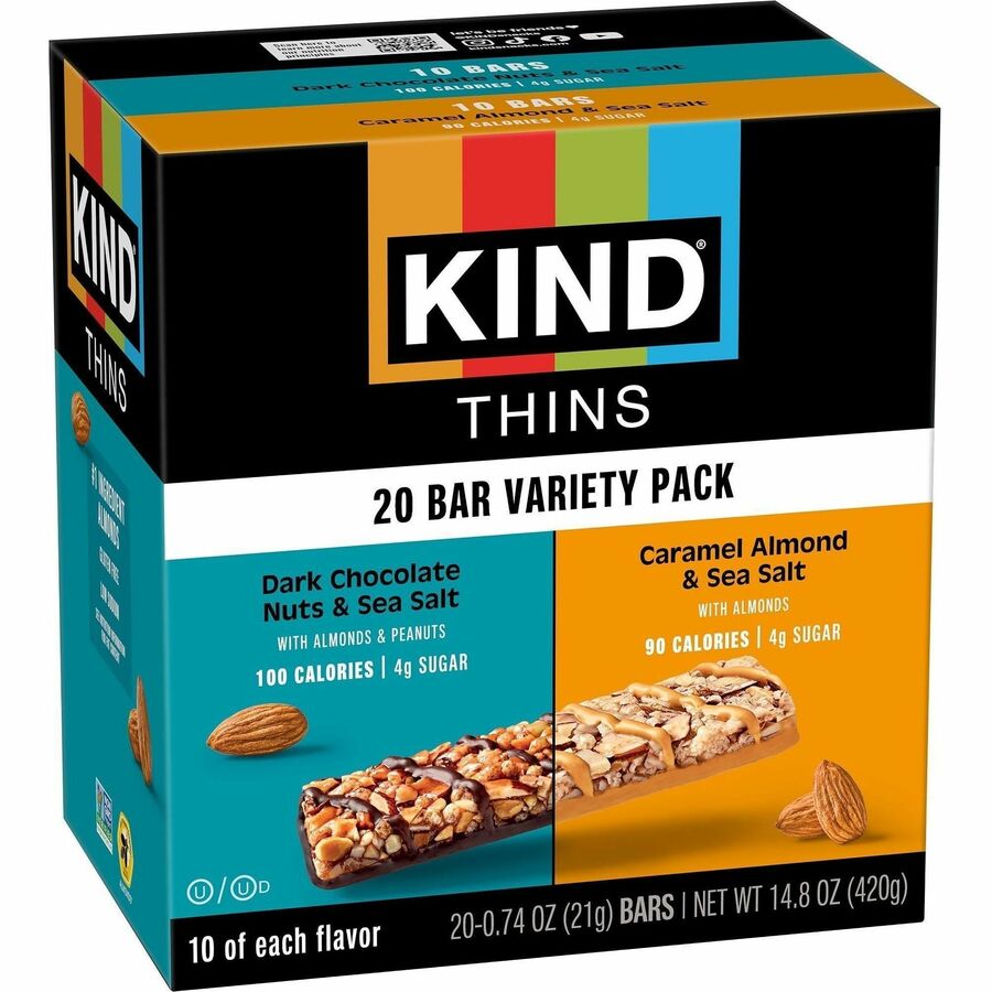 KIND THINS Variety Packs - Dark Chocolate Nuts & Sea Salt, Caramel Almond & Sea Salt - Low Calorie, Gluten-free, Individually Wrapped, Egg-free - 0.74 oz - 20 / Box