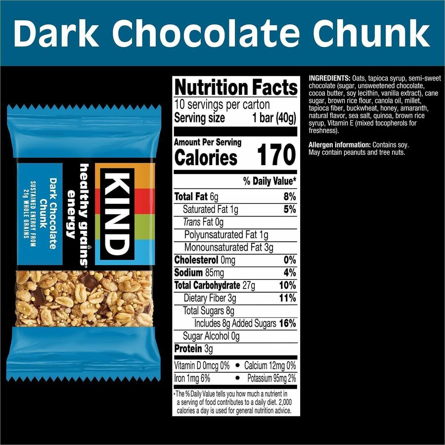 KIND Healthy Grains Energy Bars - Egg-free, Dairy-free, Gluten-free, Wheat-free, Trans Fat Free, Low Sodium - Dark Chocolate Chunk - 1.40 oz - 10 / Box