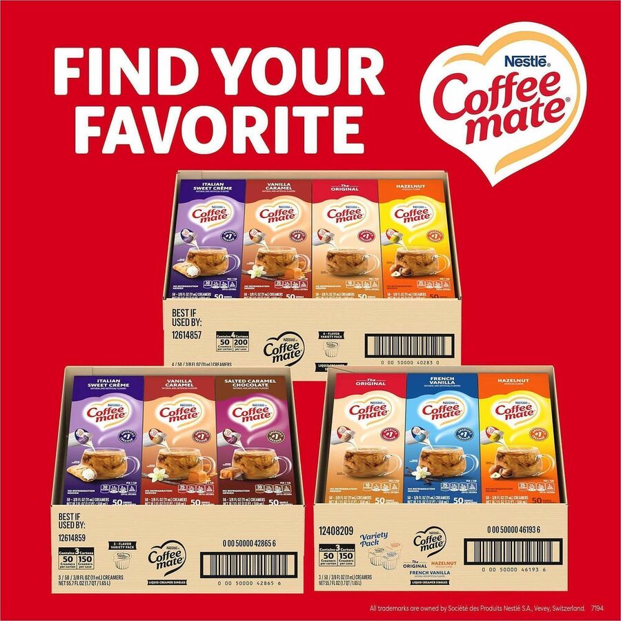 Coffee mate Liquid Creamer Singles - Italian Sweet Creme, Salted Caramel Chocolate, Vanilla Caramel, Rich Gelato Flavor - 8 fl oz (237 mL) - 1 Serving - 150 Singles/Pack - 3 / Carton