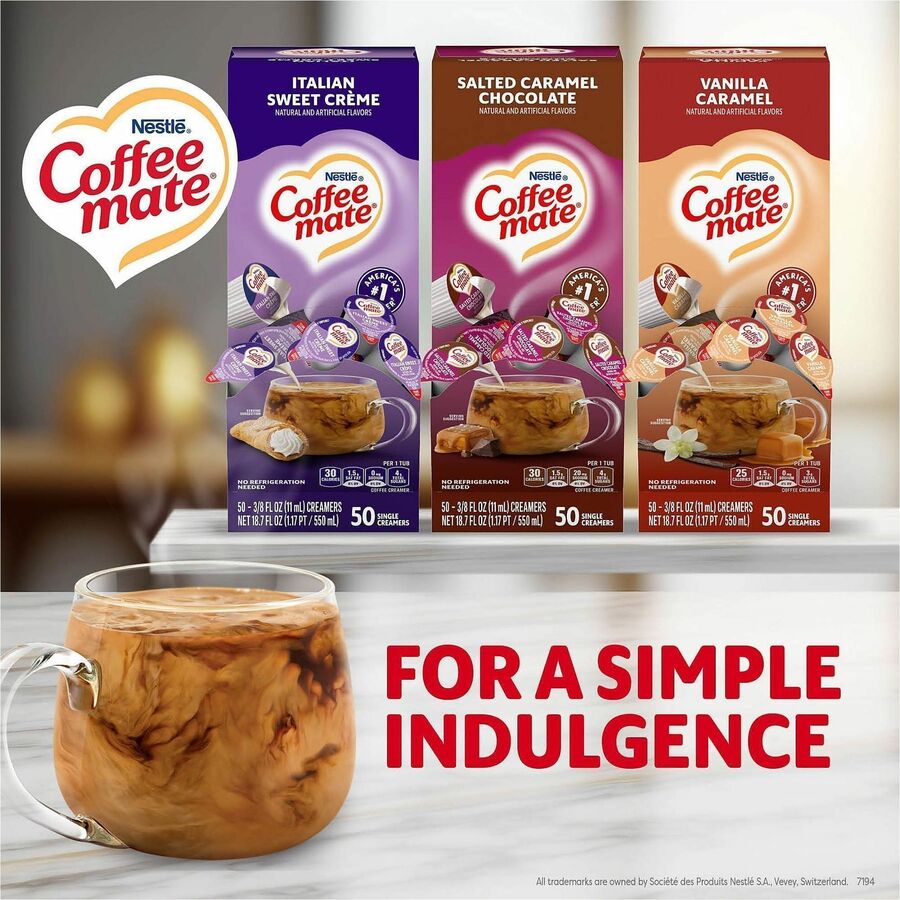 Coffee mate Liquid Creamer Singles - Italian Sweet Creme, Salted Caramel Chocolate, Vanilla Caramel, Rich Gelato Flavor - 8 fl oz (237 mL) - 1 Serving - 150 Singles/Pack - 3 / Carton