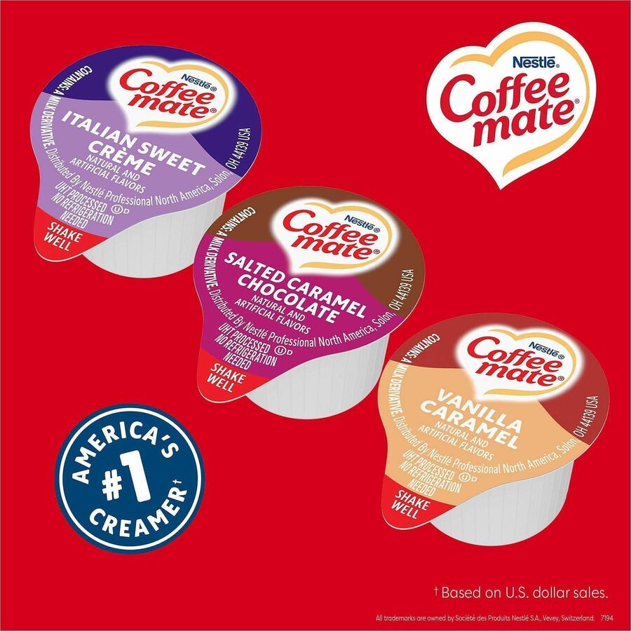 Coffee mate Liquid Creamer Singles - Italian Sweet Creme, Salted Caramel Chocolate, Vanilla Caramel, Rich Gelato Flavor - 8 fl oz (237 mL) - 1 Serving - 150 Singles/Pack - 3 / Carton