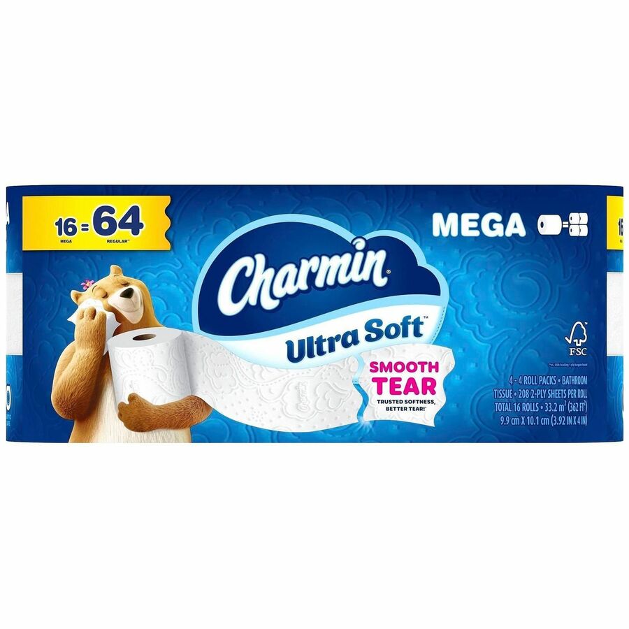 2 Ply - Mega - 208 Sheets/Roll - 4" Roll Diameter - 1 1/2" Core - Diamond Weave Texture - White - 1 Carton