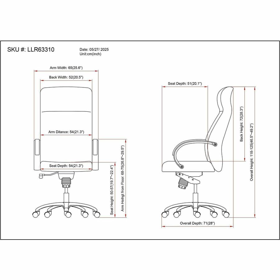 High Back - Black - Polyurethane - Armrest - 1 Each