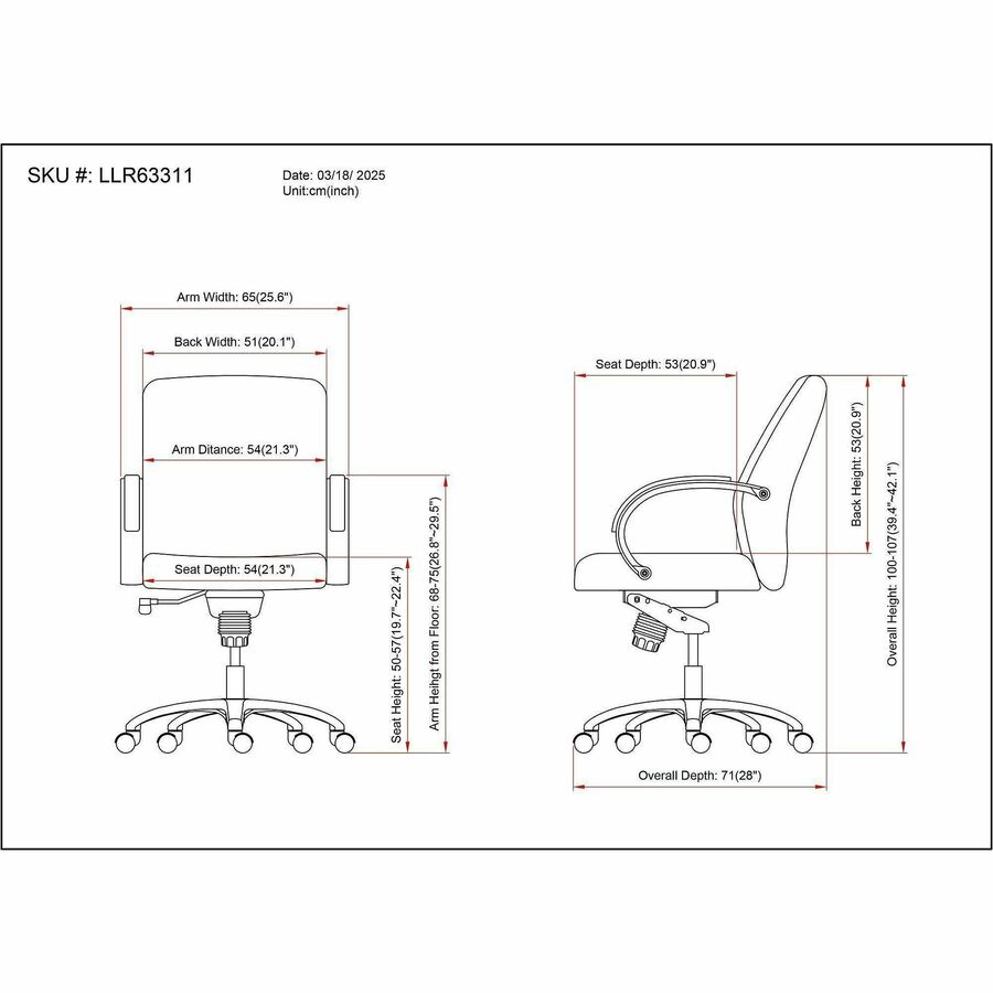Mid Back - Black - Polyurethane - Armrest - 1 Each