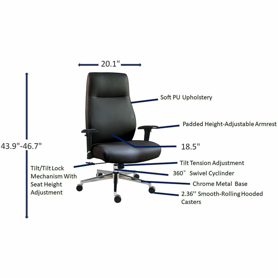 High Back - Black - Poly, Polyurethane - Armrest - 1 Each