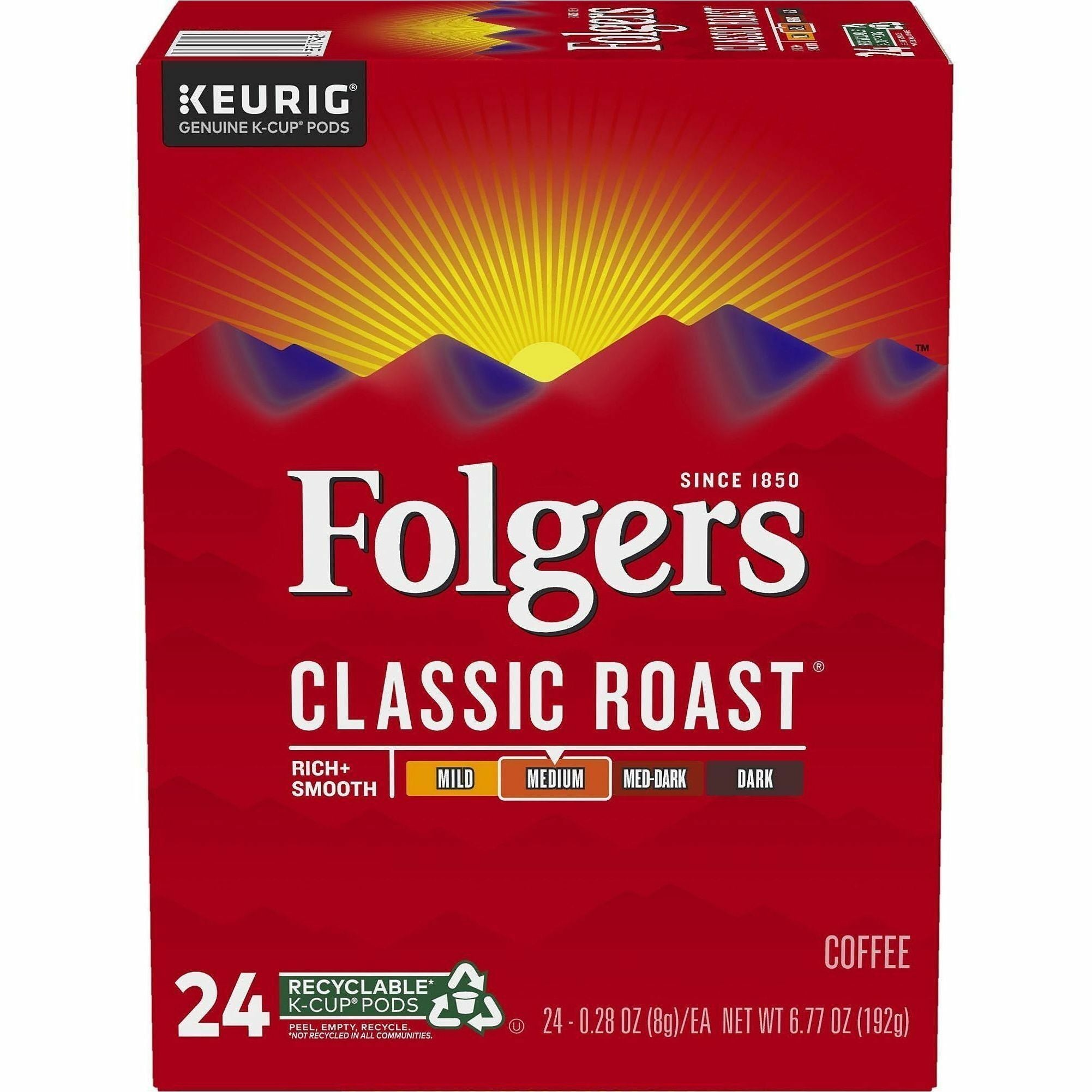 Folger K-Cup Classic Roast Coffee - Compatible with Keurig K-Cup Brewer - American - Medium - 24 K-Cup - K-Cup - Classic Roast - 4 / Carton