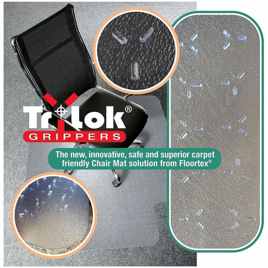 Floortex Cleartex TrYlok Chair Mat - Carpeted Floor, Chair, Indoor, Low Pile - 53" Length x 45" Width - Lipped - Clear - 1 Each