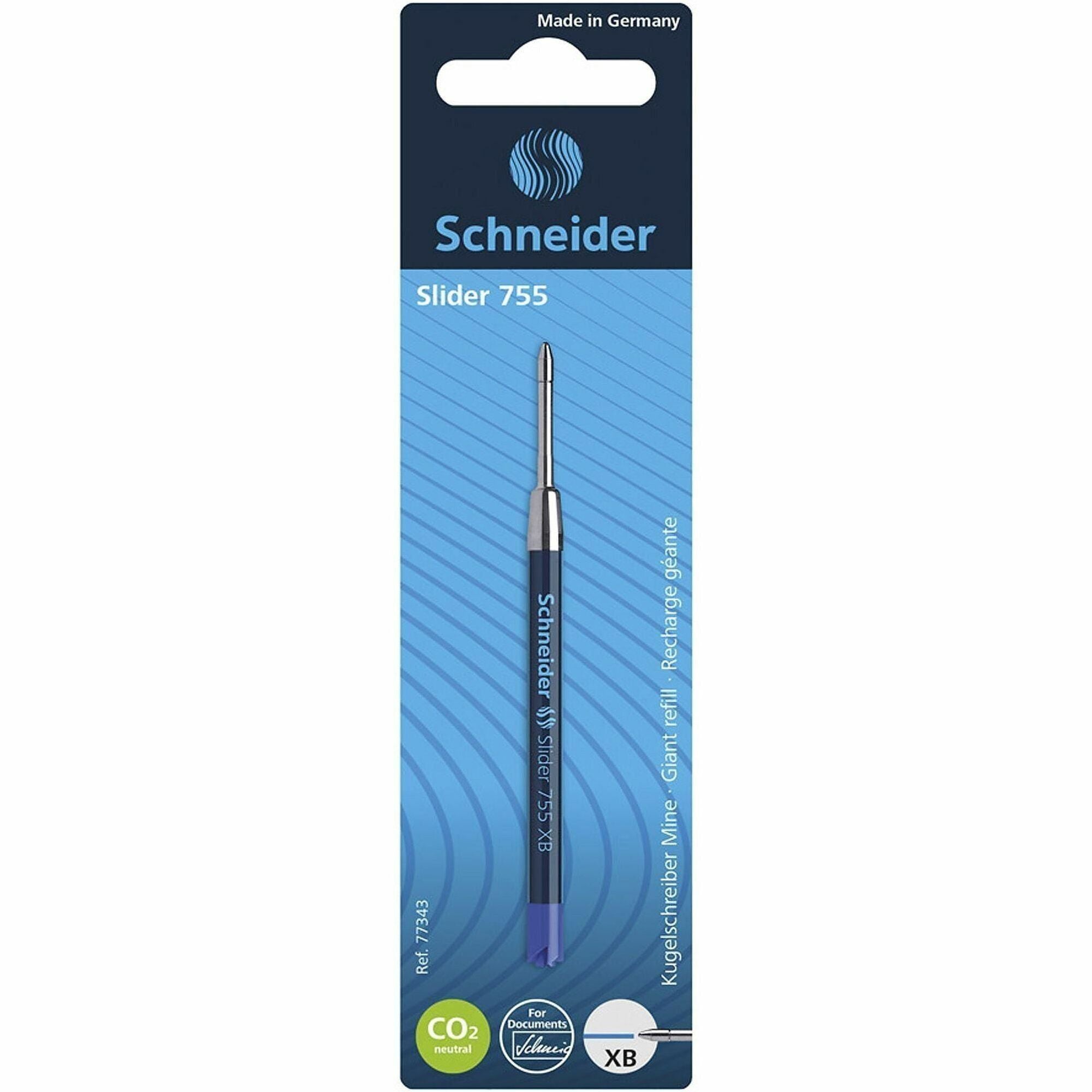 Rediform Schneider Slider 755 XB Pen Refill, 1.40 mm Extra Broad Point, Blue Ink, Waterproof, Quick-Drying, Smudge & Smear Resistant, Stainless Steel Tip, Smooth Gliding Ink, 1 Each