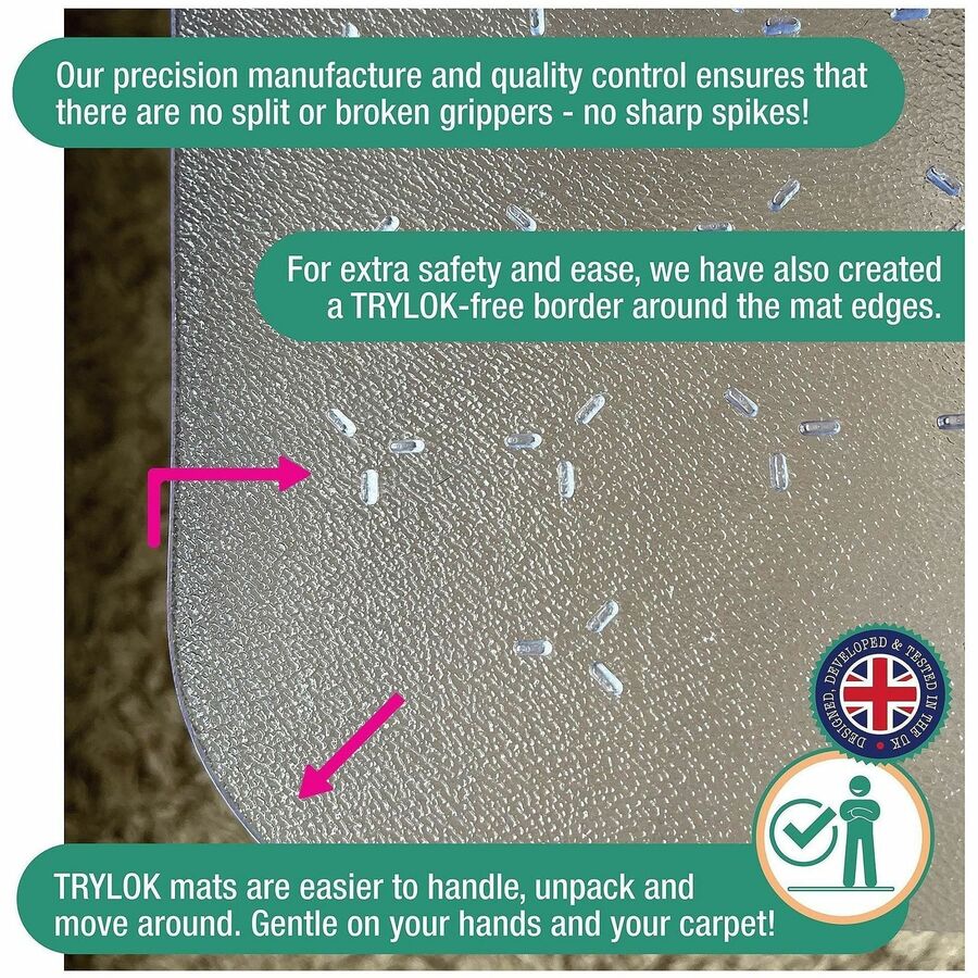 Floortex Cleartex TrYlok Chair Mat - Carpeted Floor, Chair, Indoor, Low Pile - 59" Length x 46" Width - Rectangular - Clear - 1 Each