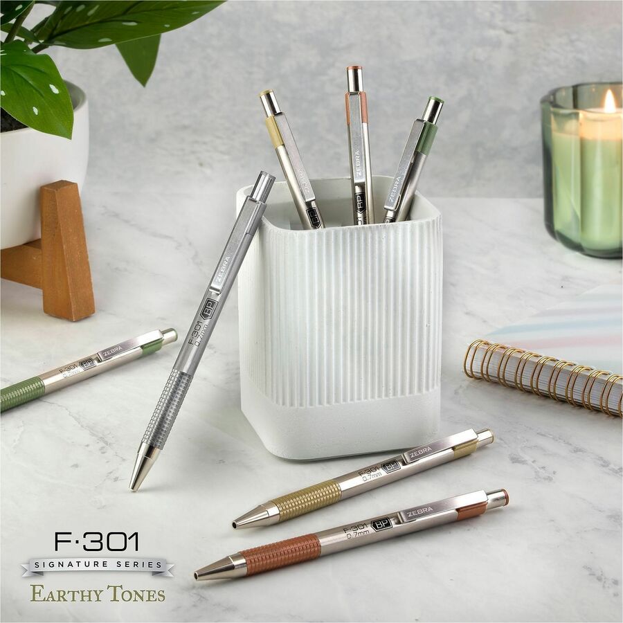 Zebra Pen F-301 EarthyTones Retractable Ballpoint Pens - 0.7 mm Fine Pen Point - Refillable - Retractable - Black Ink - Terracota Stainless Steel Barrel - School, Journaling, Writing - 4 / Pack