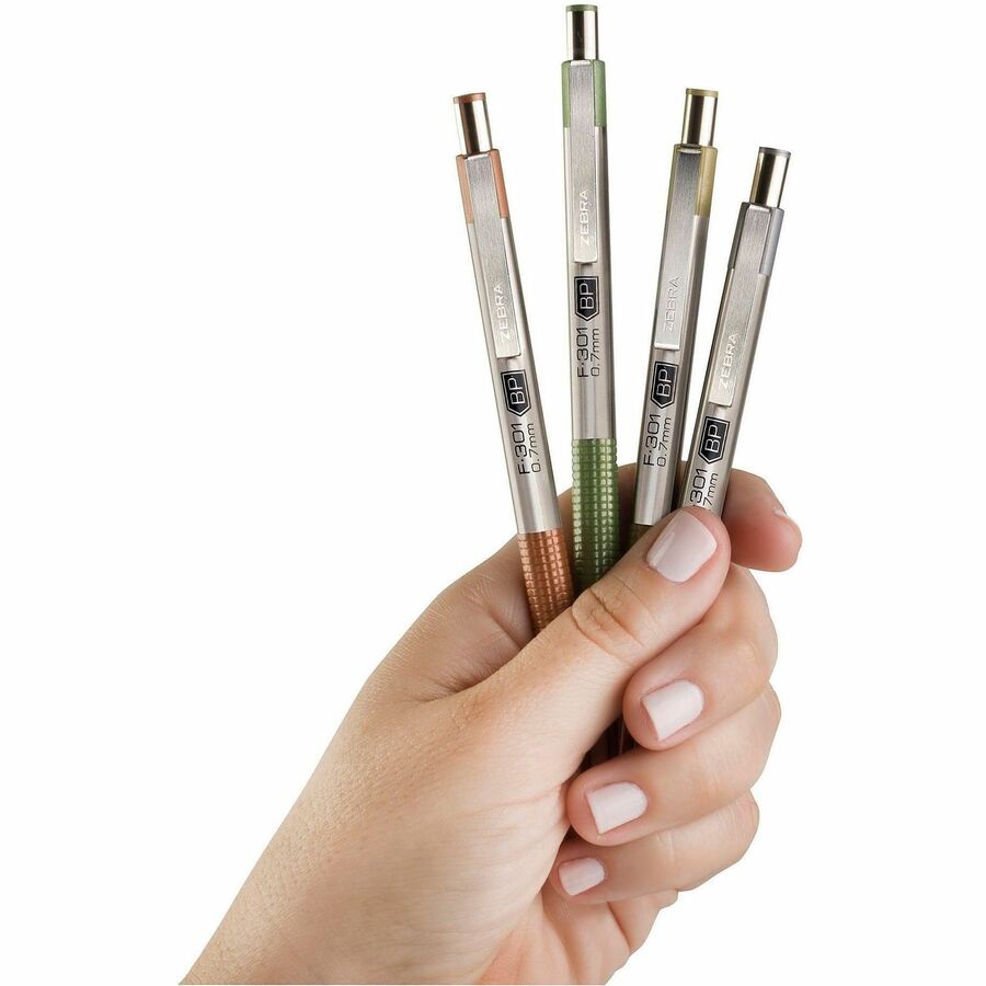 Zebra Pen F-301 EarthyTones Retractable Ballpoint Pens - 0.7 mm Fine Pen Point - Refillable - Retractable - Black Ink - Assorted Stainless Steel Barrel - School, Journaling, Writing - 4 / Pack