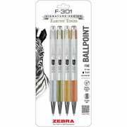 Zebra Pen F-301 EarthyTones Retractable Ballpoint Pens - 0.7 mm Fine Pen Point - Refillable - Retractable - Black Ink - Assorted Stainless Steel Barrel - School, Journaling, Writing - 4 / Pack