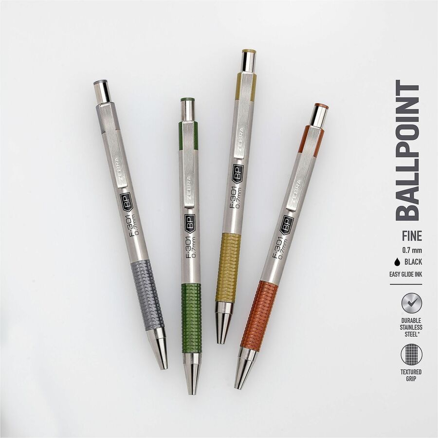 Zebra Pen F-301 EarthyTones Retractable Ballpoint Pens - 0.7 mm Fine Pen Point - Refillable - Retractable - Black Ink - Sage Stainless Steel Barrel - School, Journaling, Writing - 4 / Pack
