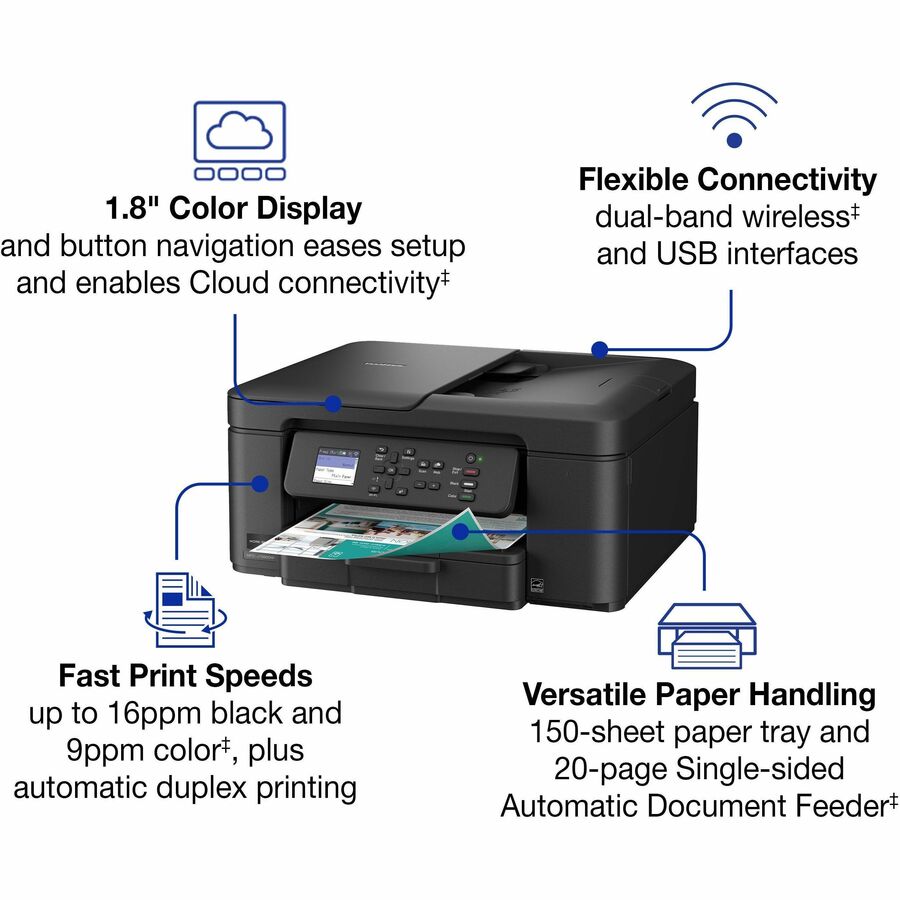 Copier/Printer/Scanner - 16 ppm Mono/9 ppm Color Print - 1200 x 6000 dpi Print - Automatic Duplex Print - Up to 2000 Pages Monthly - ADF, Flatbed Scanner - 1200 x 2400 dpi Optical Scan - Wireless LAN - Apple AirPrint, Brother Mobile Connect, Mopria, Wi-Fi