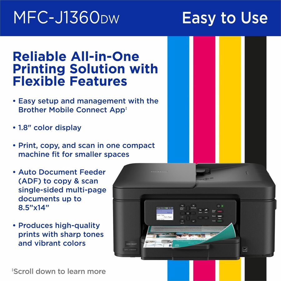 Copier/Printer/Scanner - 16 ppm Mono/9 ppm Color Print - 1200 x 6000 dpi Print - Automatic Duplex Print - Up to 2000 Pages Monthly - ADF, Flatbed Scanner - 1200 x 2400 dpi Optical Scan - Wireless LAN - Apple AirPrint, Brother Mobile Connect, Mopria, Wi-Fi
