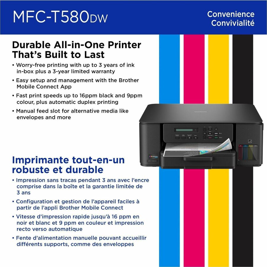 Copier/Printer/Scanner - 16 ppm Mono/9 ppm Color Print - Automatic Duplex Print - Up to 2500 Pages Monthly - Flatbed Scanner - 2400 x 1200 dpi Optical Scan - Wireless LAN - Wi-Fi Direct, Apple AirPrint, Mopria, Brother Mobile Connect - USB - 1 Each
