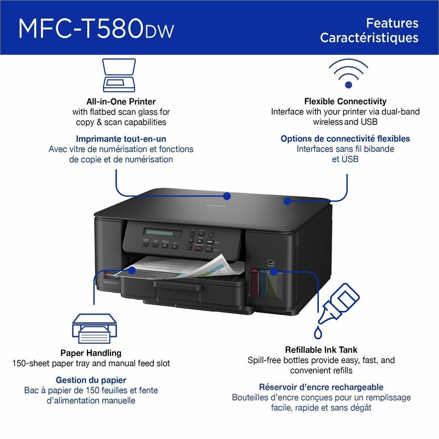 Copier/Printer/Scanner - 16 ppm Mono/9 ppm Color Print - Automatic Duplex Print - Up to 2500 Pages Monthly - Flatbed Scanner - 2400 x 1200 dpi Optical Scan - Wireless LAN - Wi-Fi Direct, Apple AirPrint, Mopria, Brother Mobile Connect - USB - 1 Each