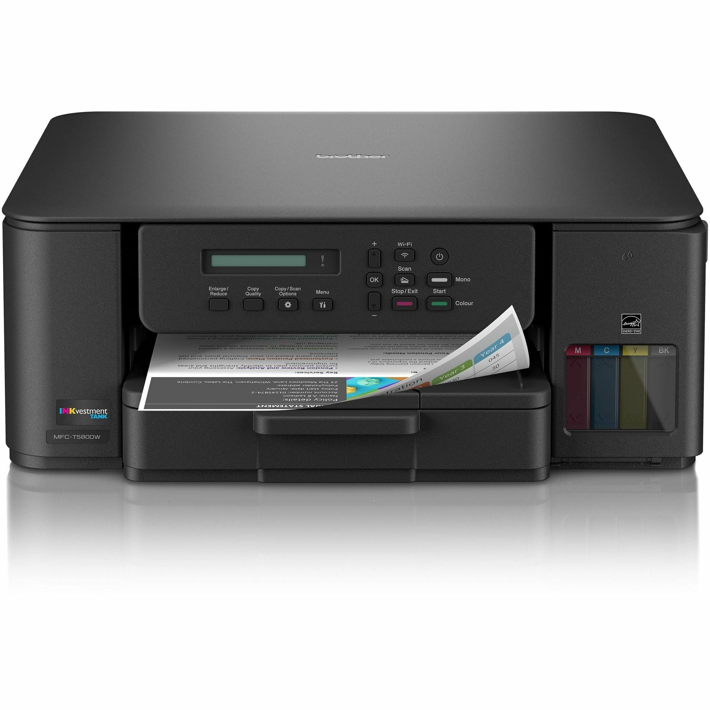 Copier/Printer/Scanner - 16 ppm Mono/9 ppm Color Print - Automatic Duplex Print - Up to 2500 Pages Monthly - Flatbed Scanner - 2400 x 1200 dpi Optical Scan - Wireless LAN - Wi-Fi Direct, Apple AirPrint, Mopria, Brother Mobile Connect - USB - 1 Each