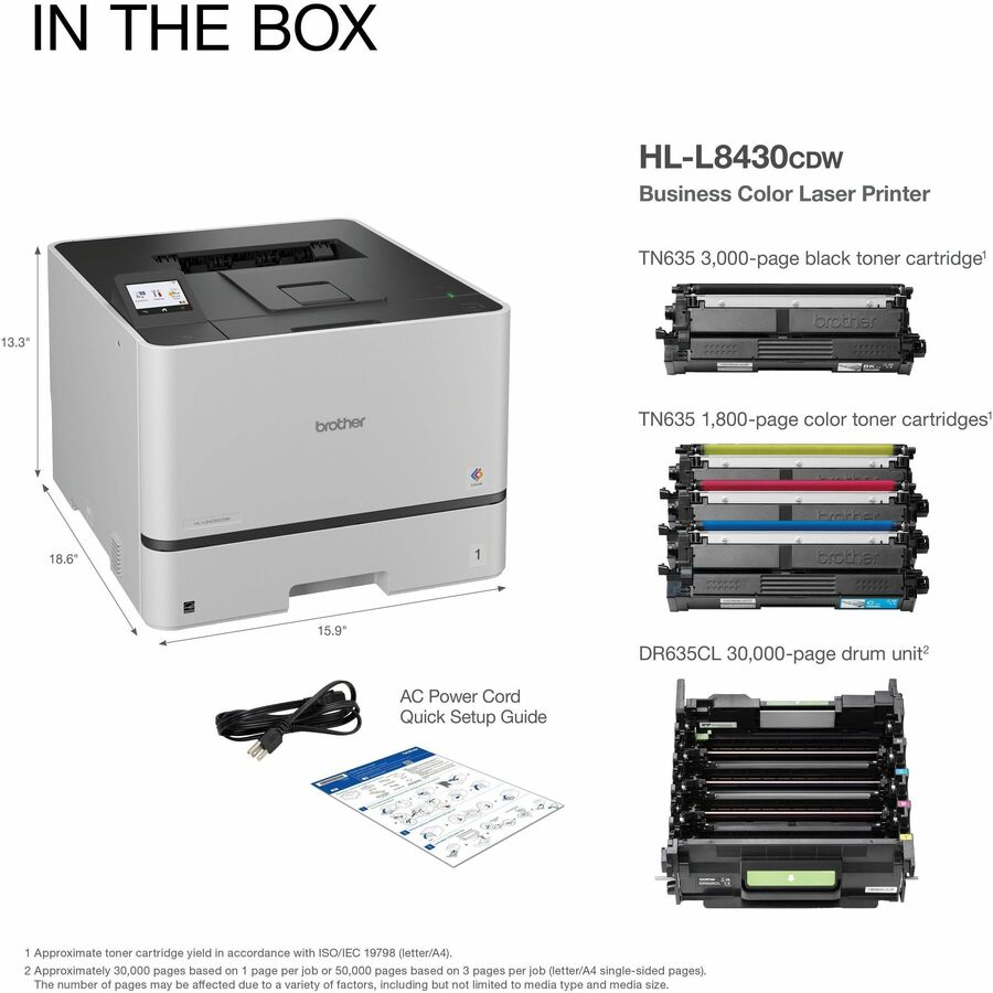 33 ppm Mono / 33 ppm Color - 2400 x 600 dpi Print - Automatic Duplex Print - 250 Sheets Input - Ethernet - Wireless LAN - Apple AirPrint, Mopria, Brother Mobile Connect, Wi-Fi Direct - Plain Paper Print - Gigabit Ethernet - USB
