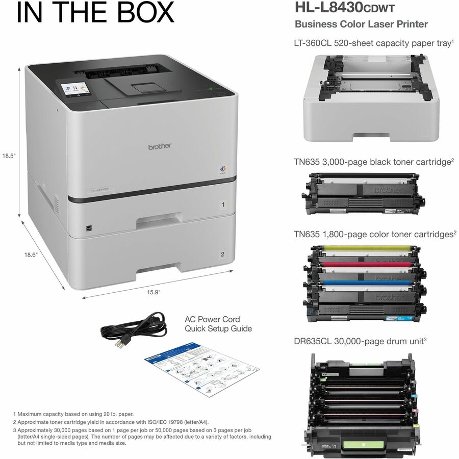 33 ppm Mono / 33 ppm Color - 2400 x 600 dpi Print - Automatic Duplex Print - 250 Sheets Input - Ethernet - Wireless LAN - Apple AirPrint, Mopria, Brother Mobile Connect, Wi-Fi Direct - Plain Paper Print - Gigabit Ethernet - USB