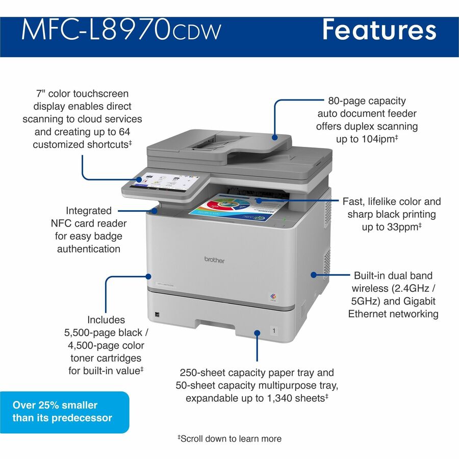 Copier/Printer/Scanner - 33 ppm Mono/33 ppm Color Print - 2400 x 600 dpi Print - Automatic Duplex Print - Gigabit Ethernet - Wireless LAN - Apple AirPrint, Mopria, Brother Mobile Connect, Wi-Fi Direct - USB