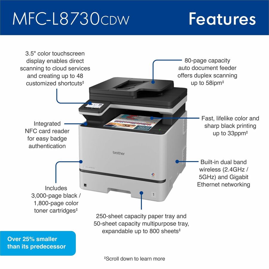 Copier/Printer/Scanner - 33 ppm Mono/33 ppm Color Print - 2400 x 600 dpi Print - Automatic Duplex Print - Gigabit Ethernet - Wireless LAN - Apple AirPrint, Mopria, Brother Mobile Connect, Wi-Fi Direct - USB