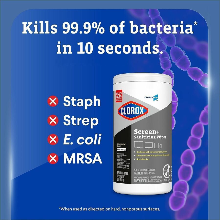 Clorox Screen + Sanitizing Wipes, Non-abrasive, Bleach-free, Anti-bacterial, Quick Drying, Smudge Resistant, White, 1 Each