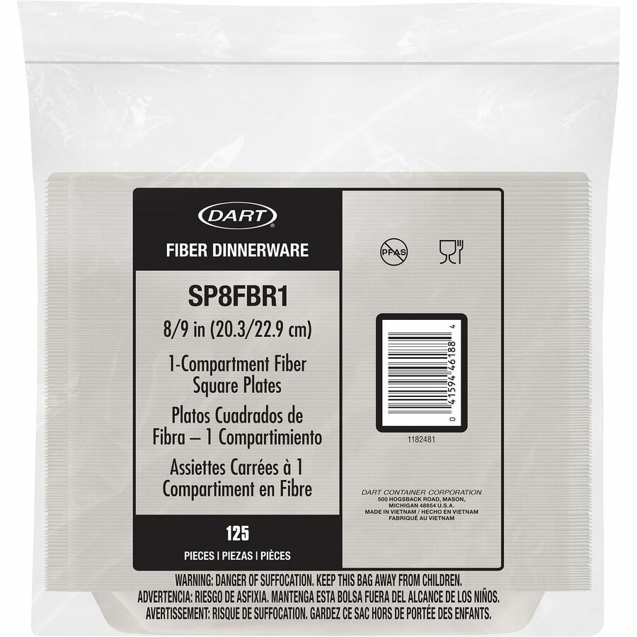 Dart 8" Square Fiber Plates - Salad, Commercial, Catering, Food - Microwave Safe - Oven Safe - Natural - Fiber Body - Square - 125 / Pack