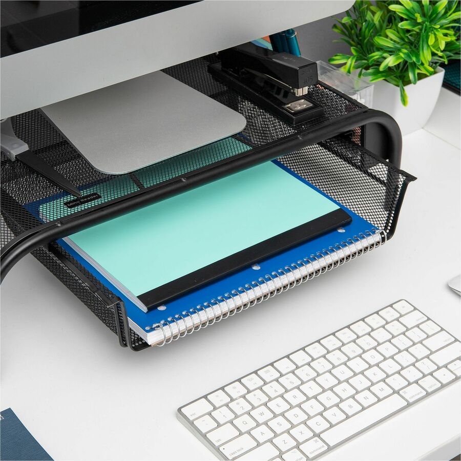Desktop Monitor & Laptop Stand with Storage, Metal Mesh, Rubber Feet, 20"W x 11.5"D x 5.5"H, Black