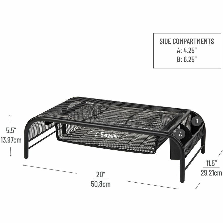 Desktop Monitor & Laptop Stand with Storage, Metal Mesh, Rubber Feet, 20"W x 11.5"D x 5.5"H, Black
