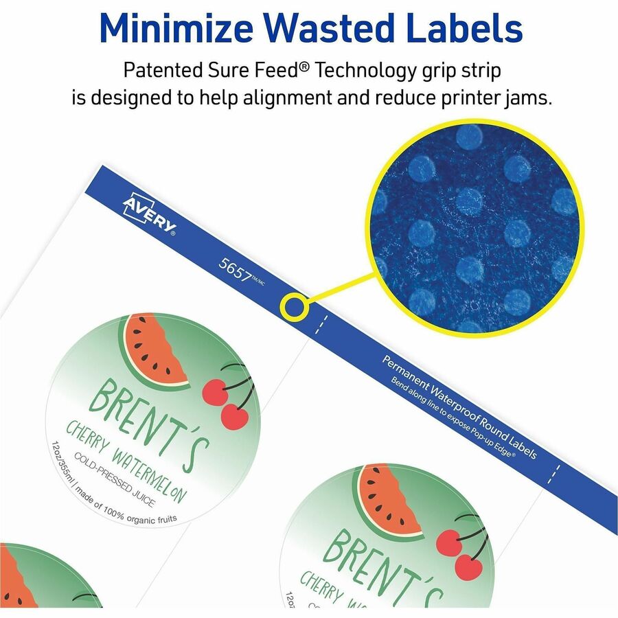 Waterproof - x 2" Diameter - Round - Inkjet, Laser - White Matte - Polyester Film - Durable, Adhesive, Oil Resistant, Grease Resistant, Weather Resistant, Smudge Resistant, Fade Resistant, Print-to-the Edge - 12 / Sheet - 95 / Pack