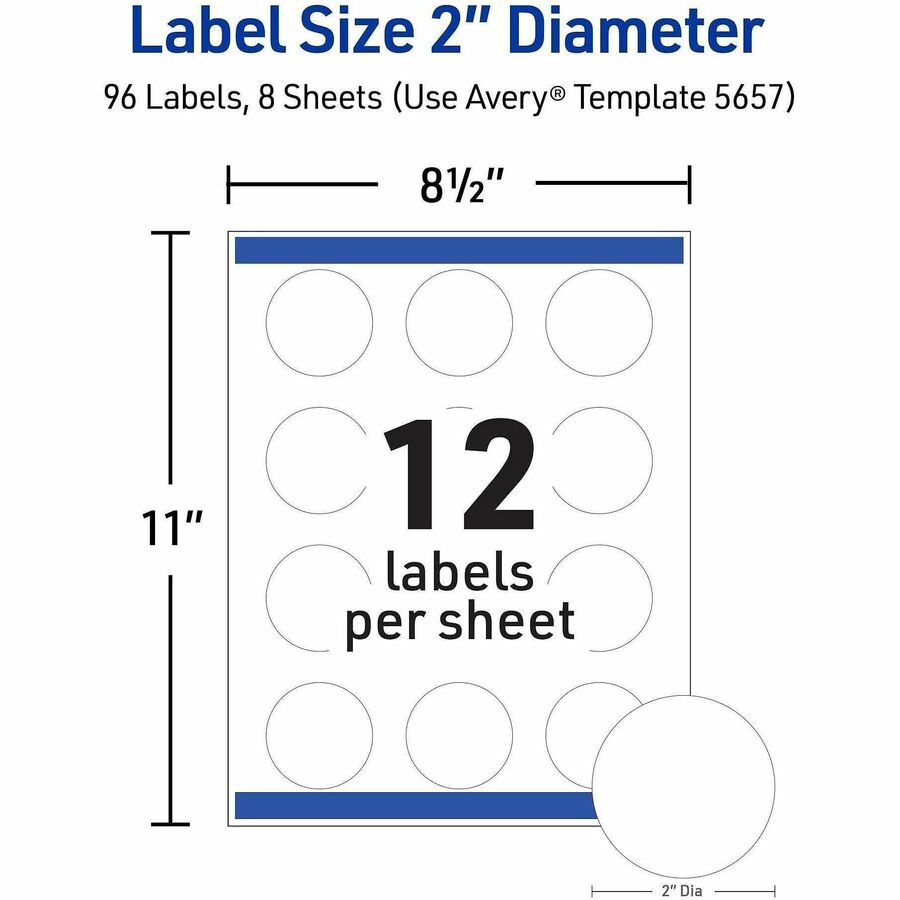 Waterproof - x 2" Diameter - Round - Inkjet, Laser - White Matte - Polyester Film - Durable, Adhesive, Oil Resistant, Grease Resistant, Weather Resistant, Smudge Resistant, Fade Resistant, Print-to-the Edge - 12 / Sheet - 95 / Pack