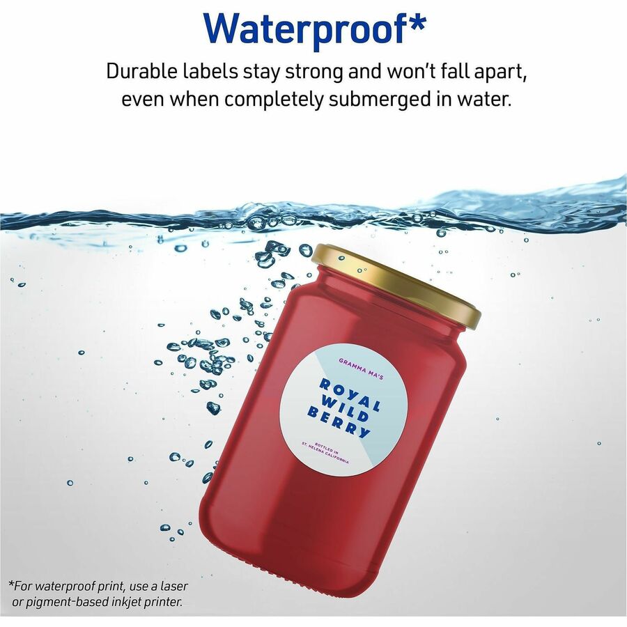 Waterproof - x 2" Diameter - Round - Inkjet, Laser - White Matte - Polyester Film - Durable, Adhesive, Oil Resistant, Grease Resistant, Weather Resistant, Smudge Resistant, Fade Resistant, Print-to-the Edge - 12 / Sheet - 95 / Pack