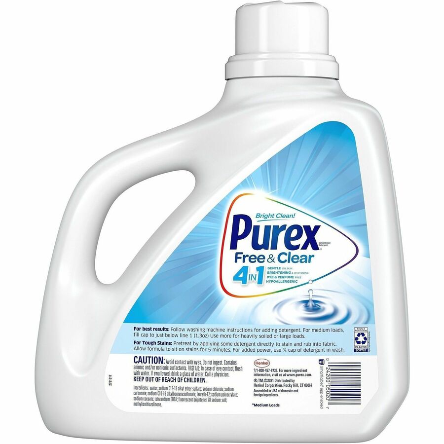 Purex Free & Clear Laundry Detergent, Concentrated Liquid, 150 fl oz (4.7 qt), 115 Loads, Dye-Free, Hypoallergenic, Odorless, Clear, 1 Each
